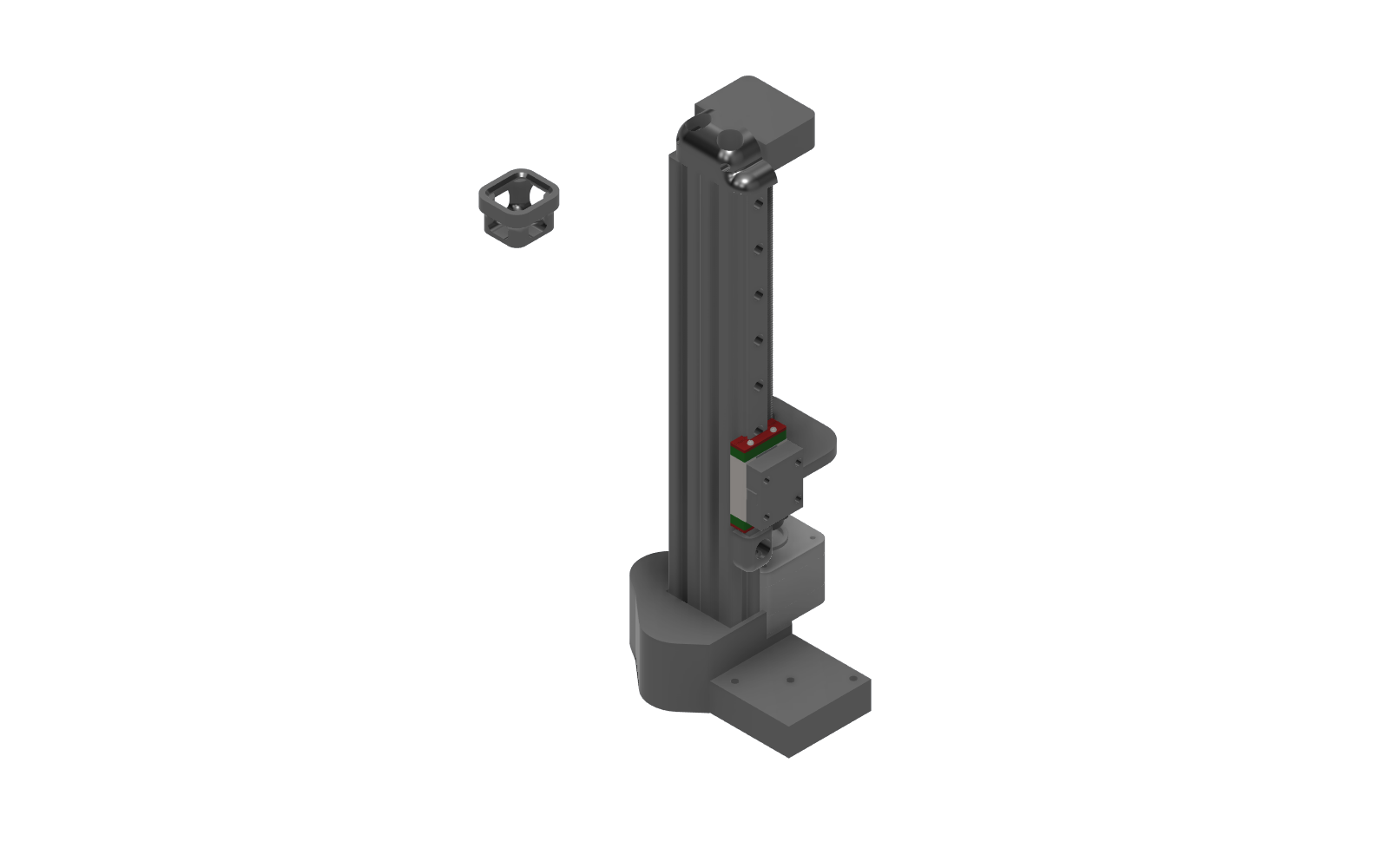 CAD render of our keyswitch tester assembly with actuator carriage, vertical guides, switch fixture, and base