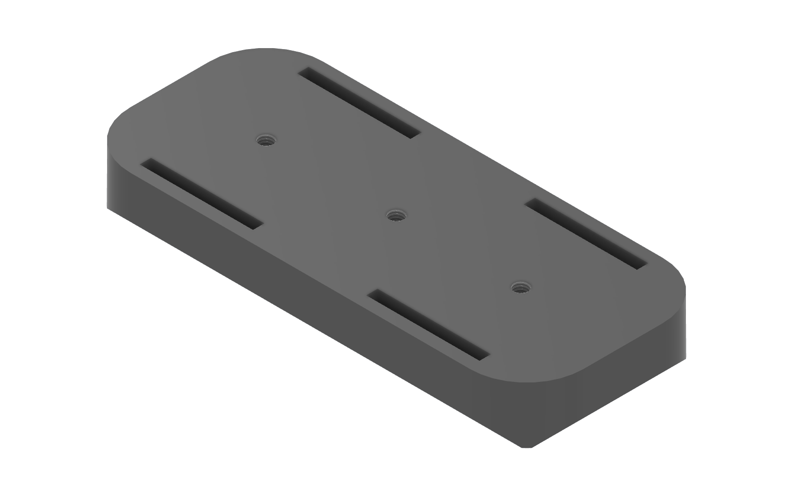 CAD render of our magnetic power-brick holder with mounting slots and captured fastener holes