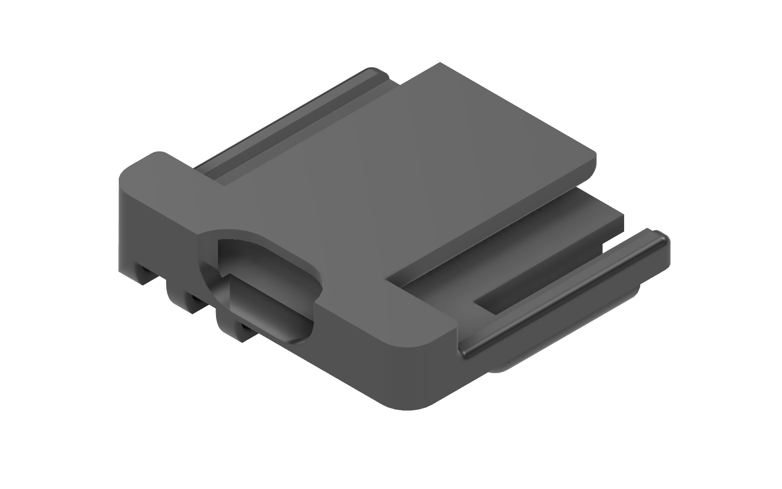 CAD render of our fitted ratgdo electronics holster with board rails, cable opening, and mounting features