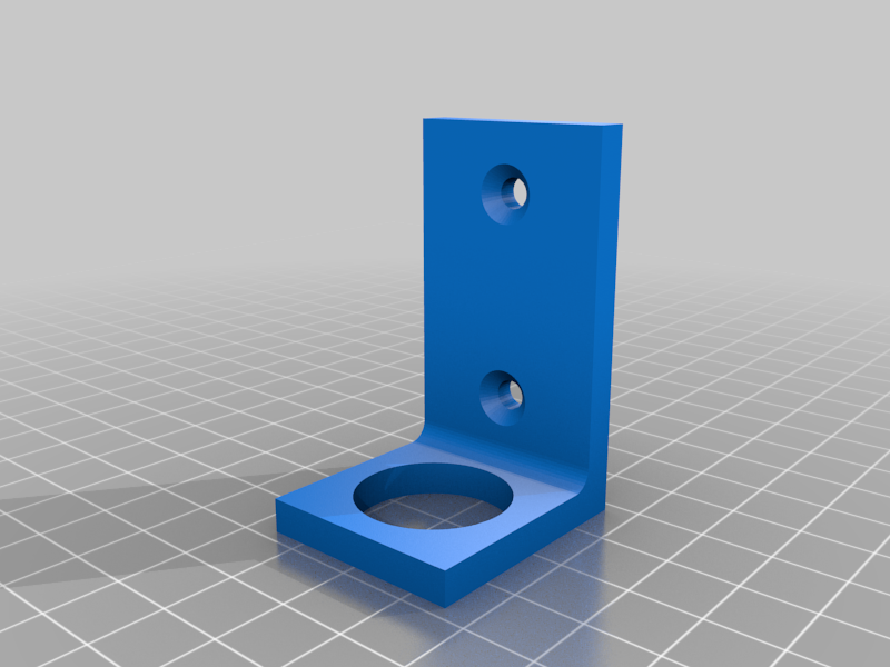 Blue CAD render of an L-shaped emergency-stop button mount with two fastening holes
