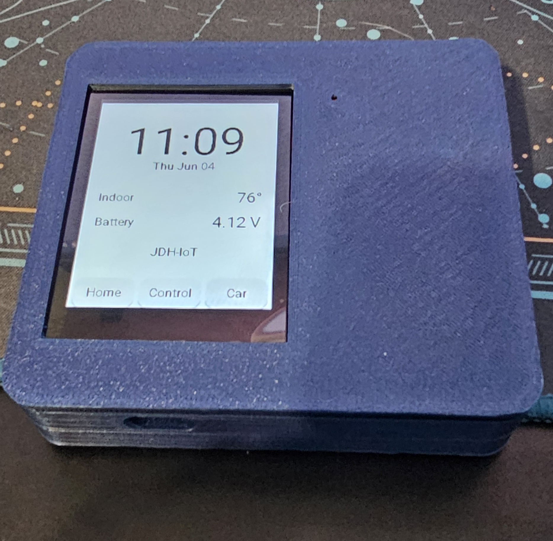 Printed blue ESP32-S3 touchscreen dashboard case showing time, temperature, and battery status